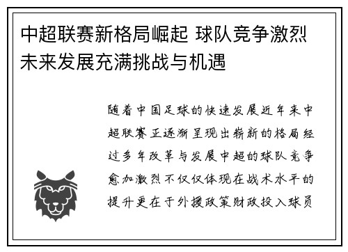 中超联赛新格局崛起 球队竞争激烈 未来发展充满挑战与机遇
