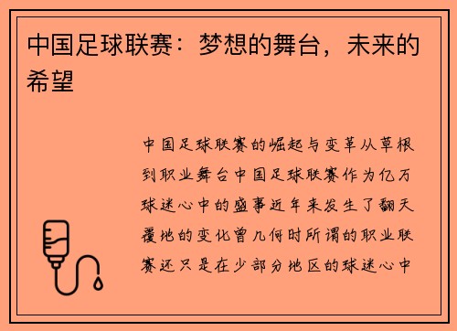 中国足球联赛：梦想的舞台，未来的希望