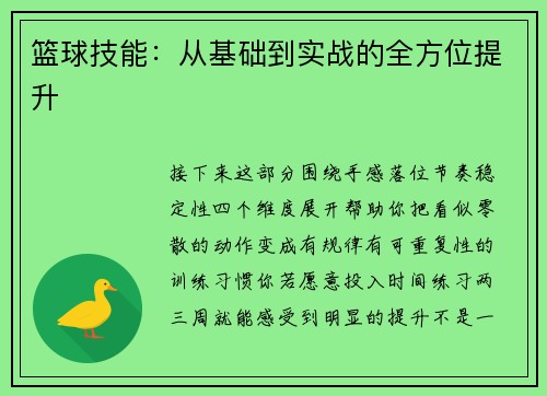 篮球技能：从基础到实战的全方位提升