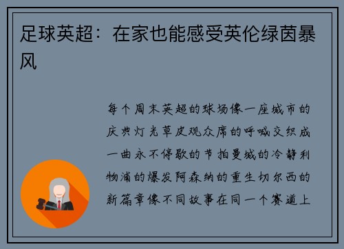 足球英超：在家也能感受英伦绿茵暴风